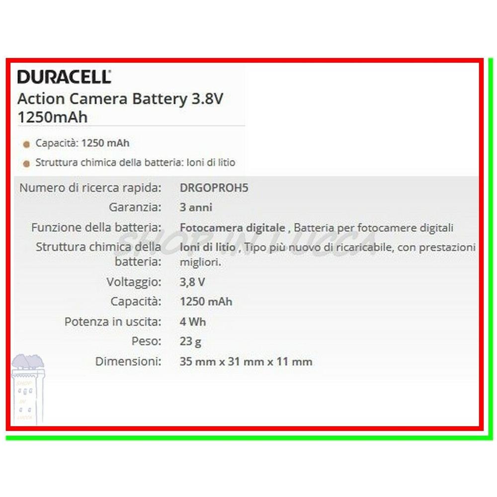 Drgoproh5 -- 2 Batterie Gopro Hero 5 6 7 Pila Batteria Ricaricabile Per Action Cam - Foto 2