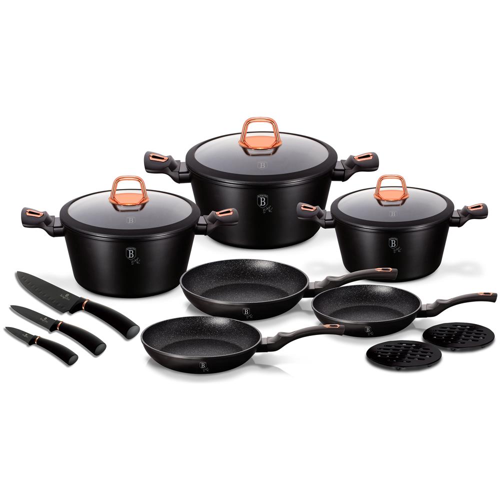 Black Rose Set Di Pentole Induzione 14-piece Alluminio Antiaderente 3 Casseruoli 3 Padelle Nero - Foto 1