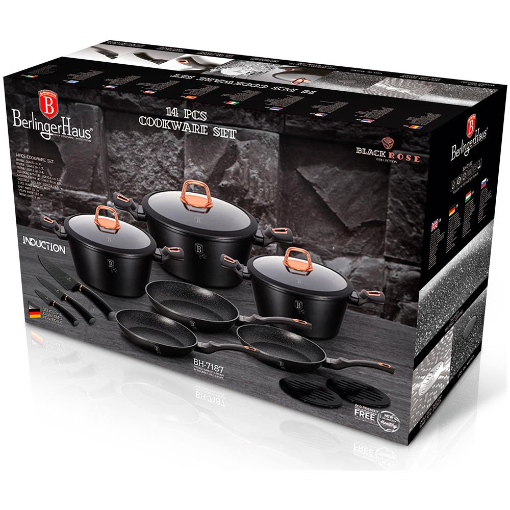 Black Rose Set Di Pentole Induzione 14-piece Alluminio Antiaderente 3 Casseruoli 3 Padelle Nero - Foto 2