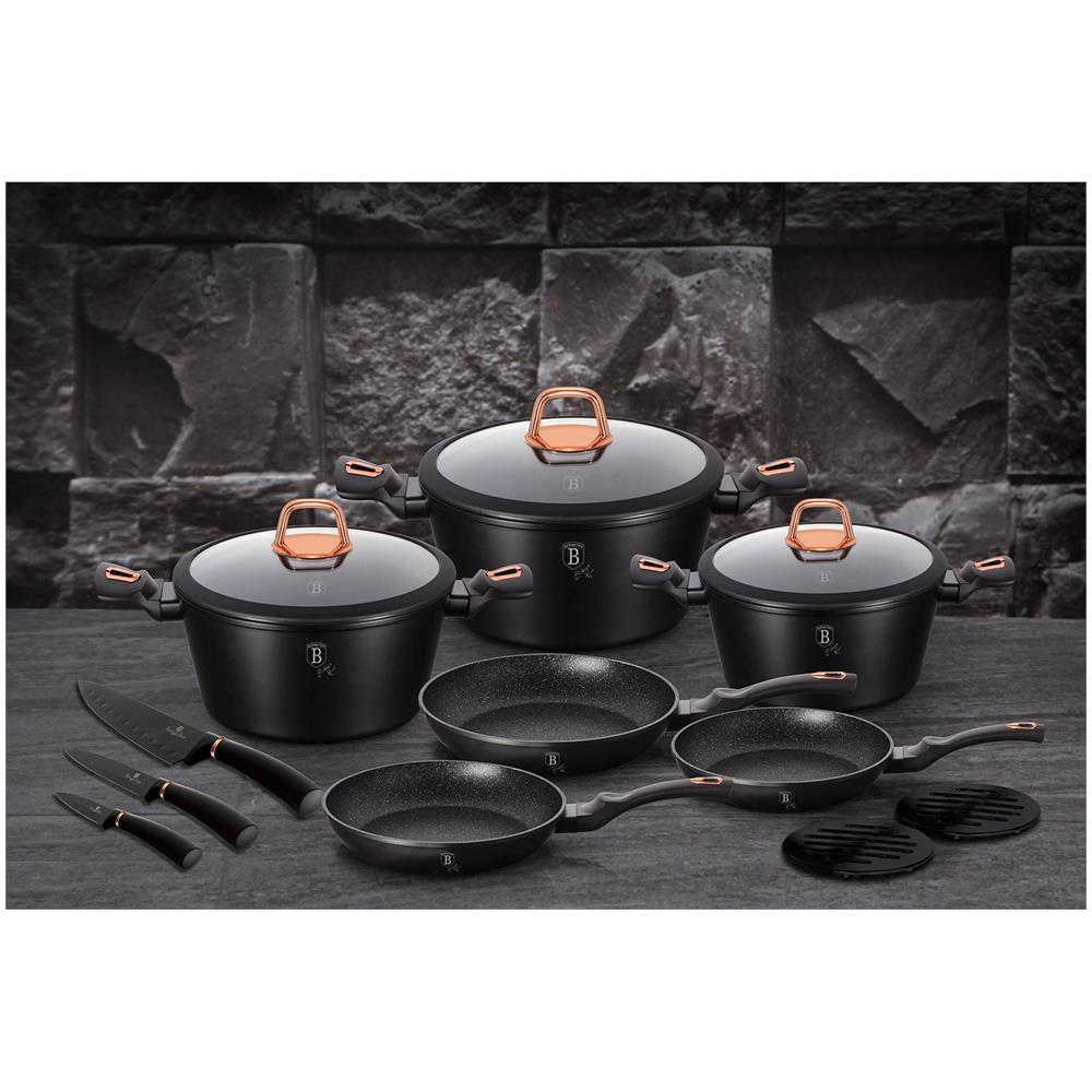 Black Rose Set Di Pentole Induzione 14-piece Alluminio Antiaderente 3 Casseruoli 3 Padelle Nero - Foto 3