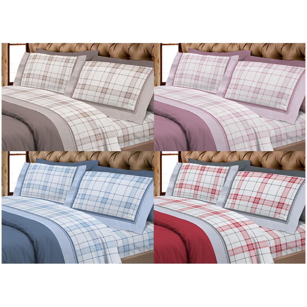 Completo Lenzuola Flanella 100% Cotone Disegno Torino A Quadri Rigato Piazza E Mezza Beige - Foto 2