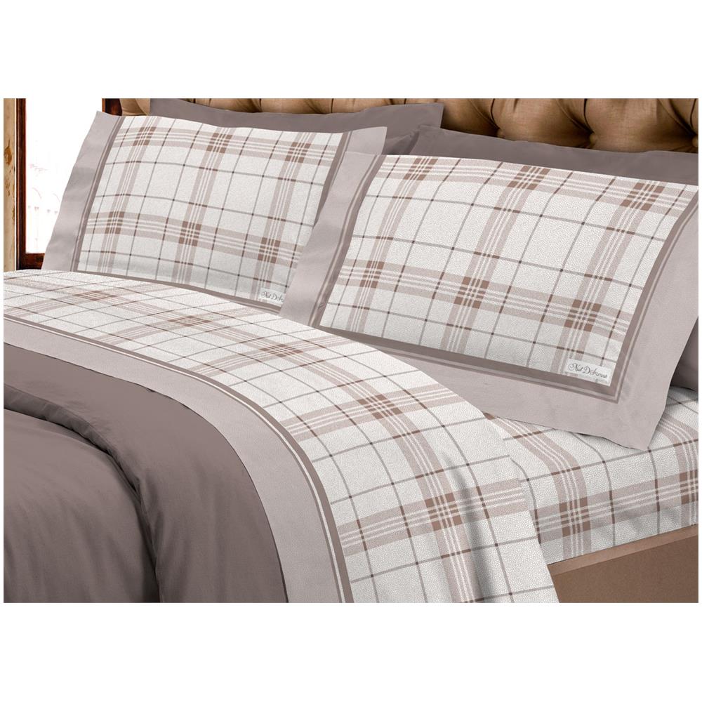 Completo Lenzuola Flanella 100% Cotone Disegno Torino A Quadri Rigato Piazza E Mezza Beige - Foto 1