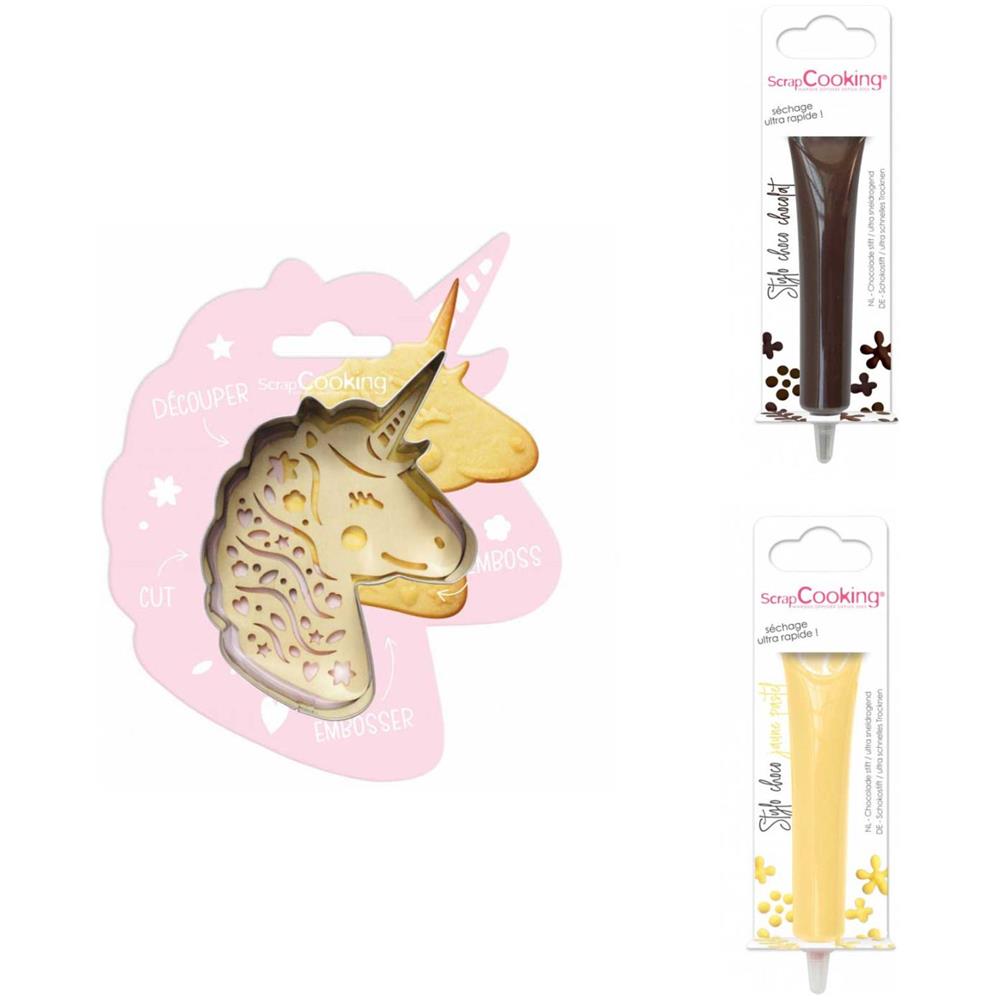 Kit Biscotti A Rilievo Unicorno + 2 Penne Al Cioccolato Pastello Marrone E Giallo - Foto 1