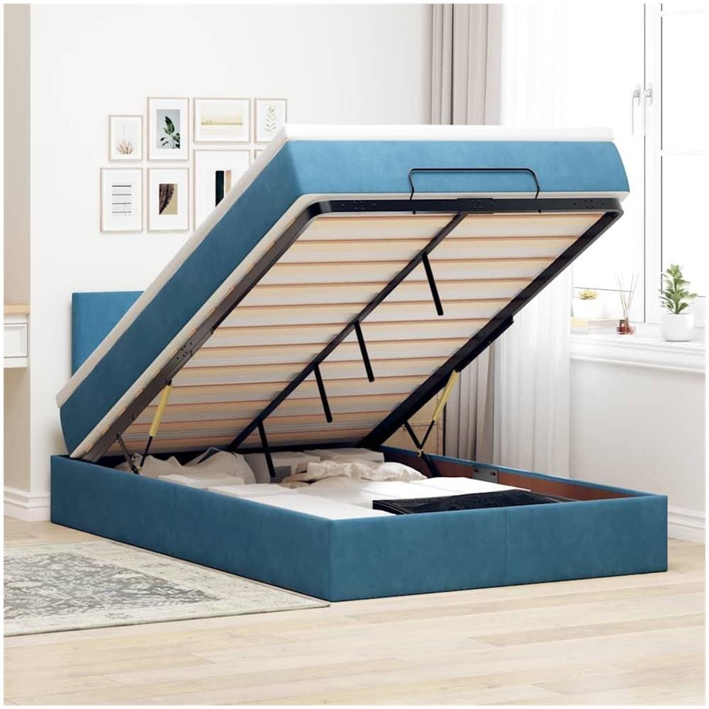 Pouf Letto con Materasso e LED Blu Scuro 120x190cm in Velluto - Foto 2