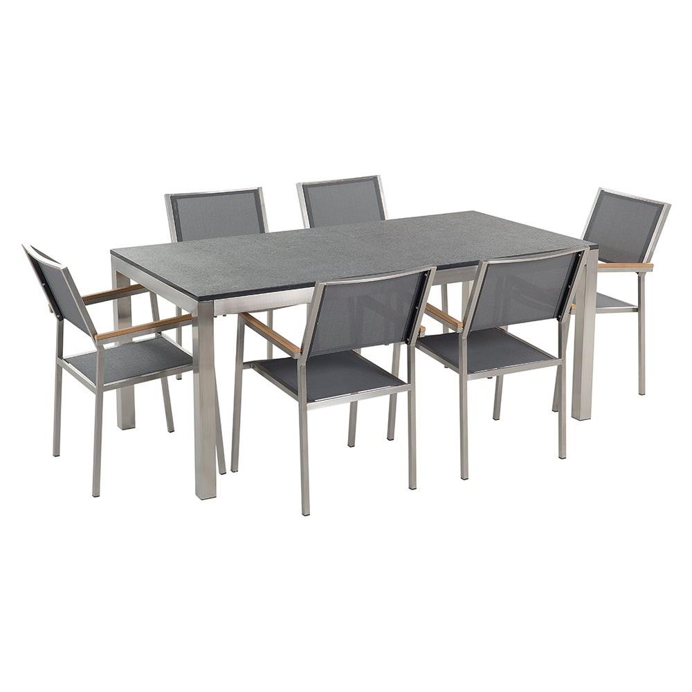 Set Di Tavolo E 6 Sedie Da Giardino In Acciaio, Basalto E Fibra Tessile Grigia - Piano Singolo - Nero Fiammato - 180cm - Grosseto - Foto 1