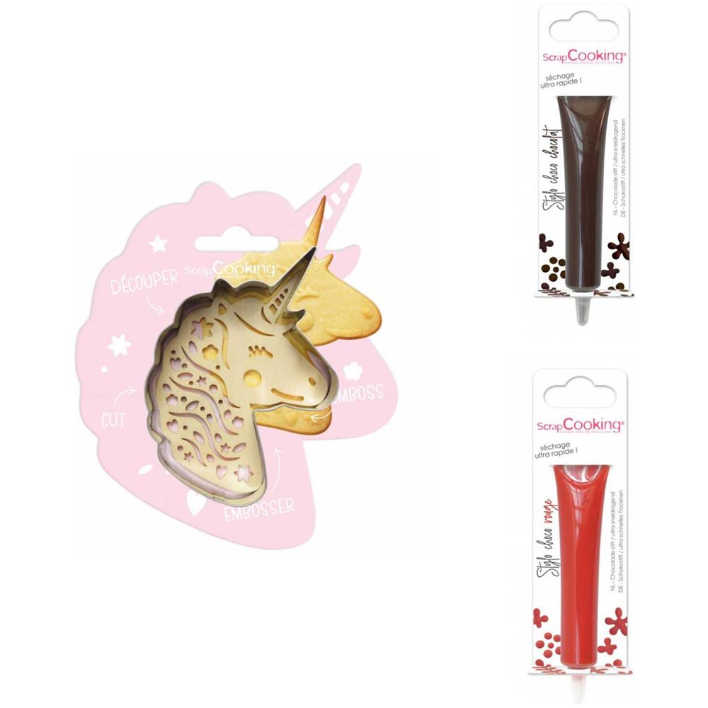 Kit Biscotti A Rilievo Unicorno + 2 Penne Al Cioccolato Rosse E Marroni - Foto 1