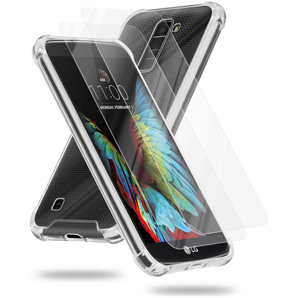 Custodia E 2x Vetro Di Protezione Temperato Compatibile Con Lg K10 2016 In Transparente - Coperchio Protettivo Ibrido Con Bordo In Silicone Tpu E Retro In Vetro Acrilico - Foto 1
