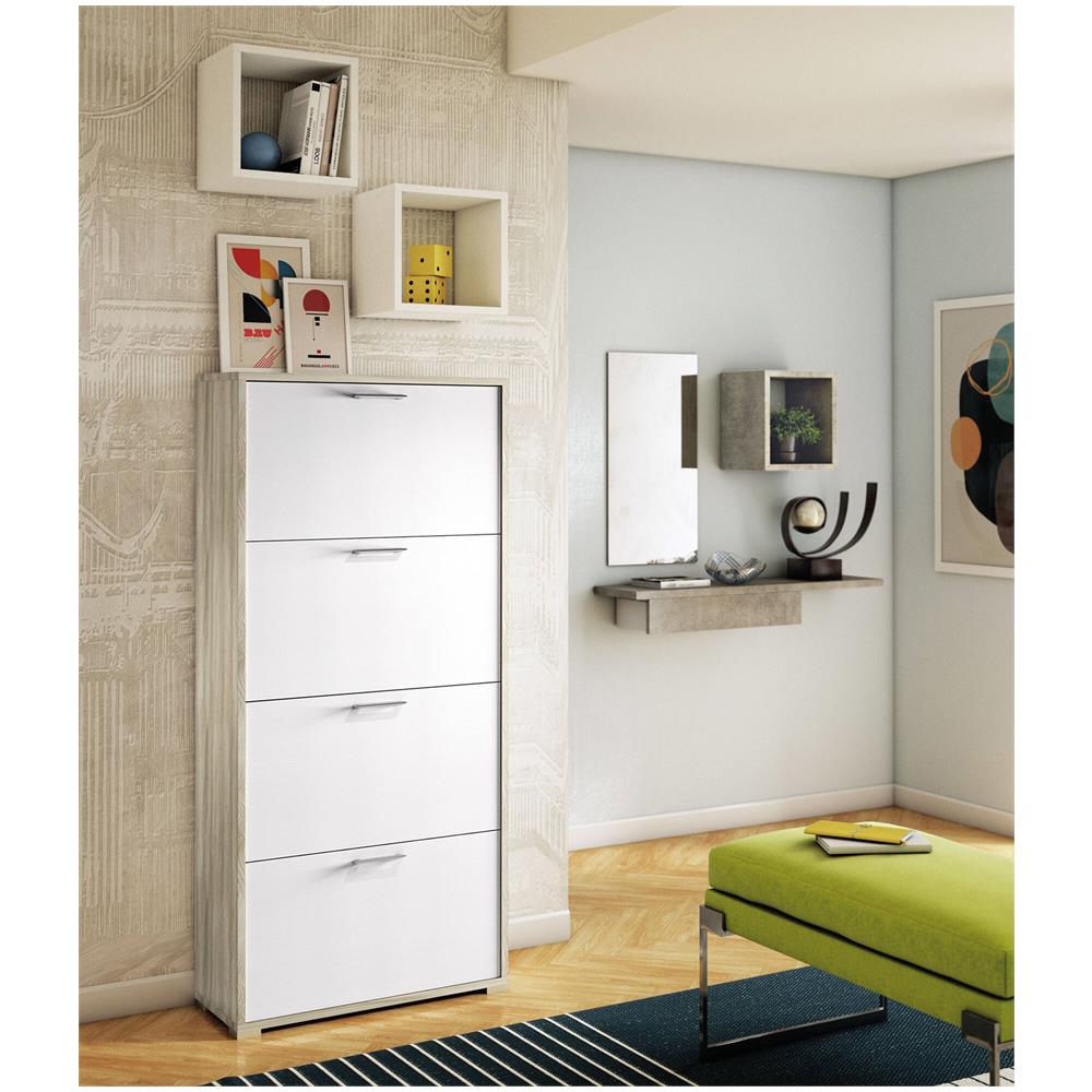 Scarpiera Rosa, Mobile Multiuso Da Ingresso Con 4 Ante A Ribalta, Armadietto Portascarpe A Doppia Profondità, 100% Made In Italy, 67x28h147 Cm, Bianco E Olmo - Foto 1