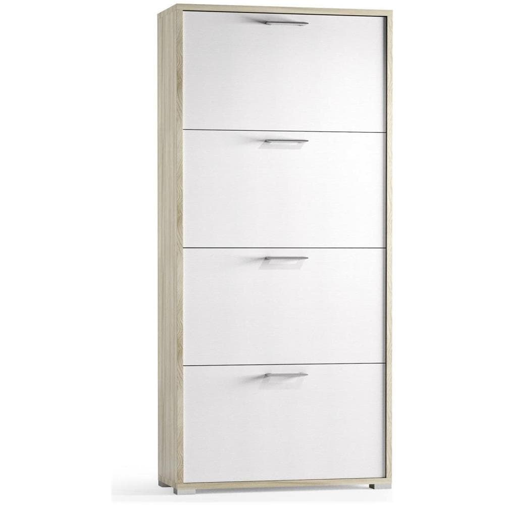 Scarpiera Rosa, Mobile Multiuso Da Ingresso Con 4 Ante A Ribalta, Armadietto Portascarpe A Doppia Profondità, 100% Made In Italy, 67x28h147 Cm, Bianco E Olmo - Foto 2