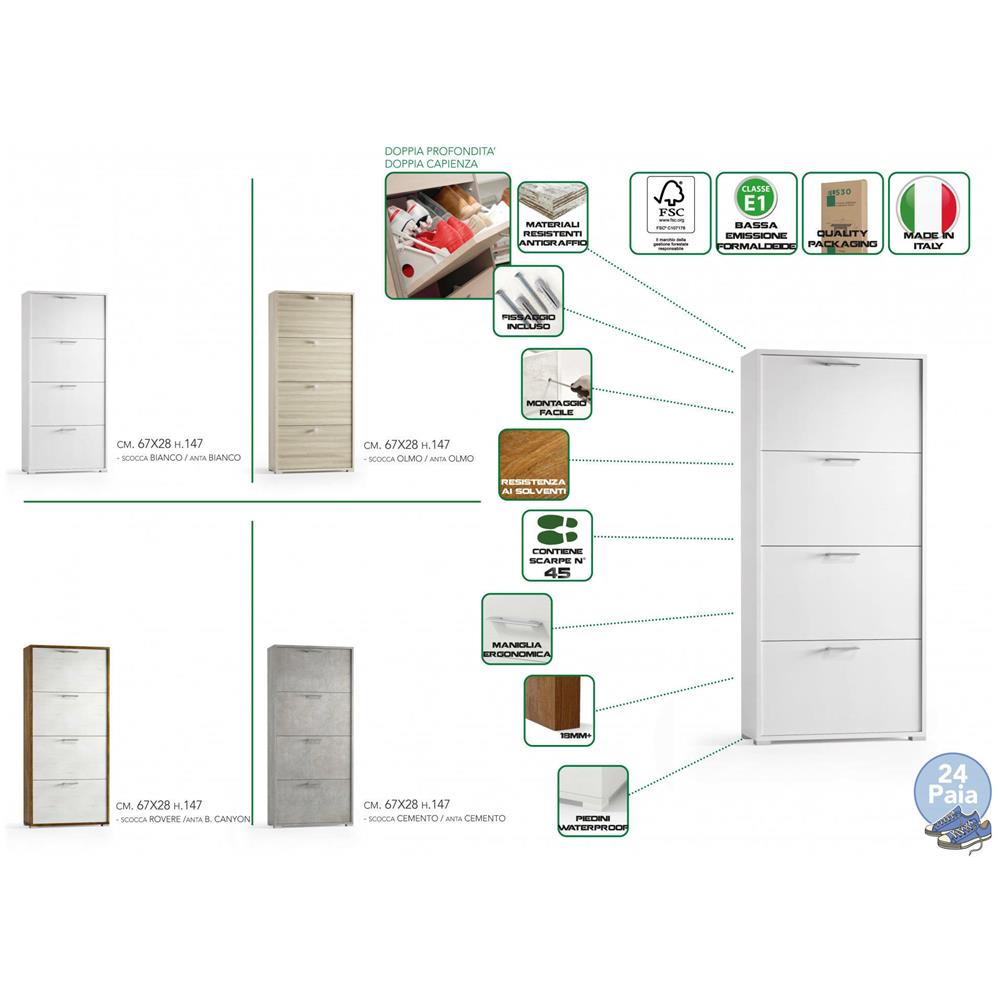 Scarpiera Rosa, Mobile Multiuso Da Ingresso Con 4 Ante A Ribalta, Armadietto Portascarpe A Doppia Profondità, 100% Made In Italy, 67x28h147 Cm, Bianco E Olmo - Foto 4