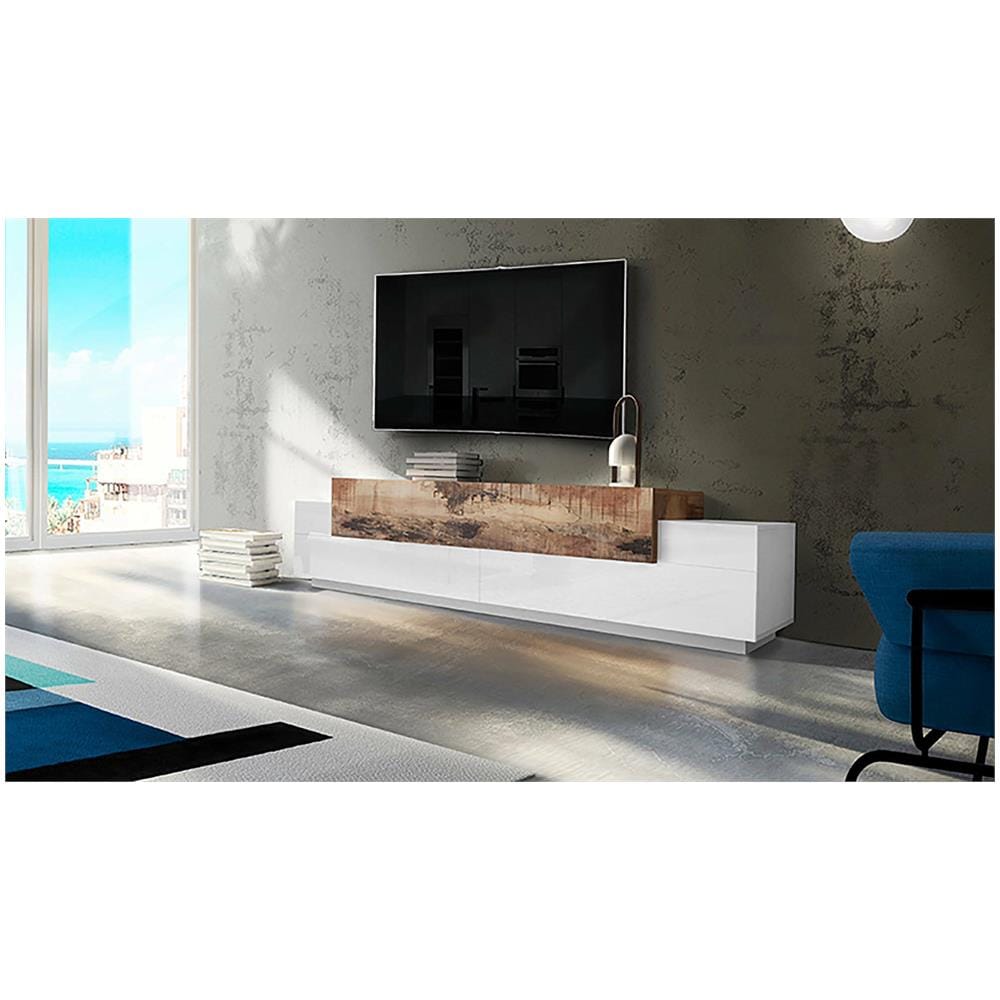 Mobile Porta Tv Nico, Credenza Bassa Da Soggiorno, Base Porta Tv, 100% Made In Italy, Cm 240x45h52, Bianco Lucido E Acero - Foto 1