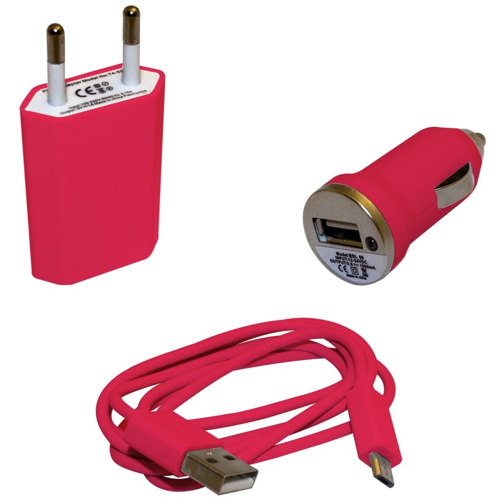 Kit Caricabatterie Accendisigari + Spina + Cavo Microusb Fucsia - Foto 1