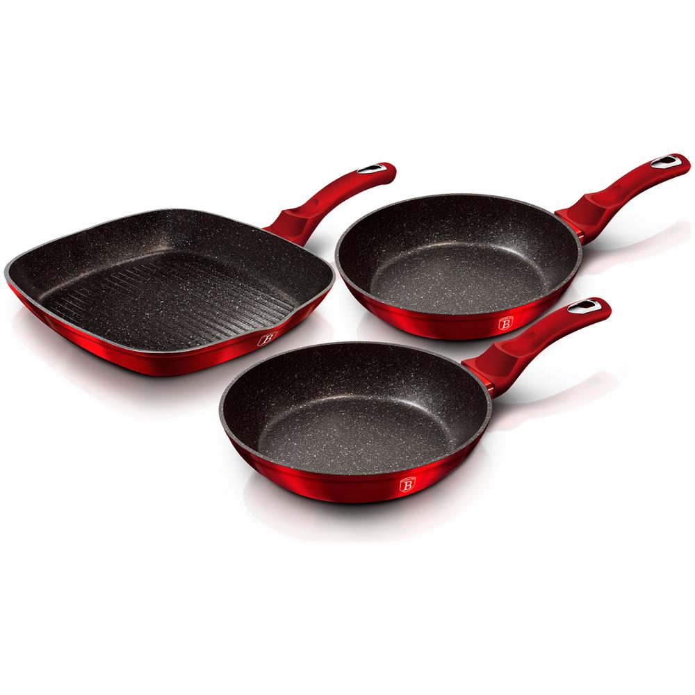 Burgundy Set Di 2 Padelle Et Bistecchiera Induzione 20-24-28cm In Alluminio Antiaderente Rosso - Foto 1