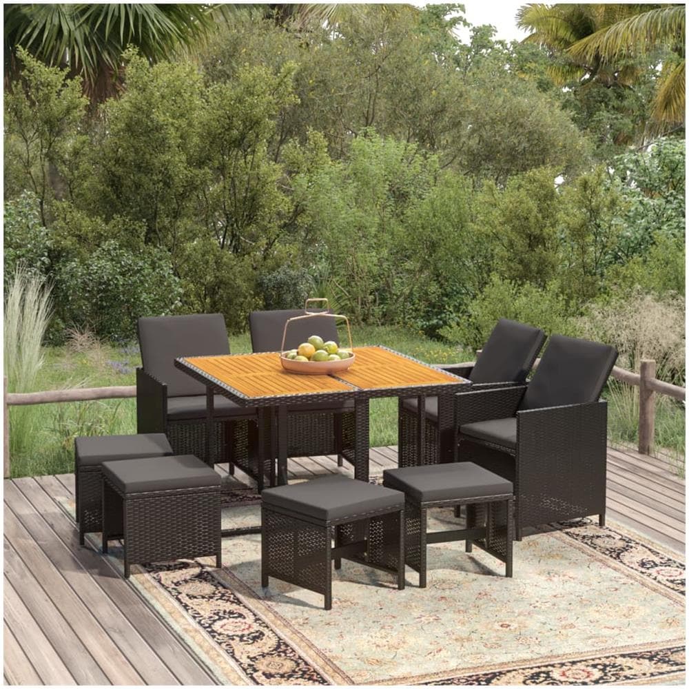 Set Da Pranzo Da Giardino 9 Pz Con Cuscini In Polyrattan Nero - Foto 1