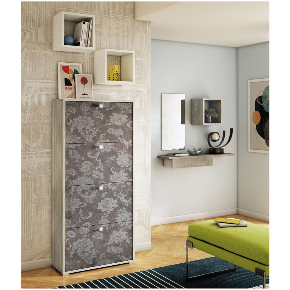 Scarpiera Rosa, Mobile Multiuso Da Ingresso Con 4 Ante A Ribalta, Armadietto Portascarpe A Doppia Profondità, 100% Made In Italy, 67x28h147 Cm, Olmo E Fantasia - Foto 1