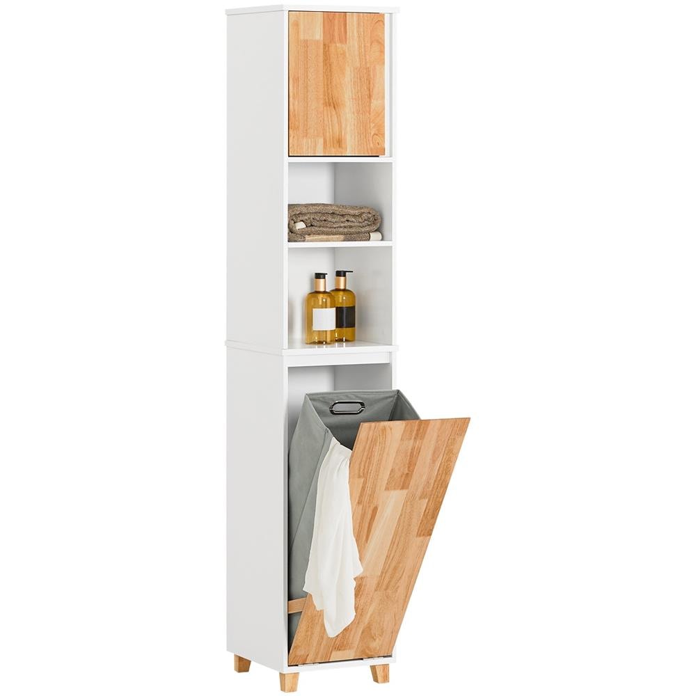Mobile Colonna Bagno Con Portabiancheria E Mobiletto Stretto Salvaspazio Ad Anta Singola. Colore Bianco-naturale L31*a170*p32 Cm Bzr74-w - Foto 1