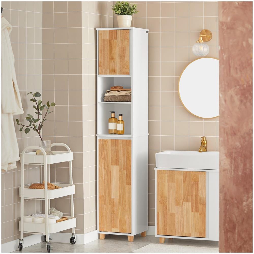Mobile Colonna Bagno Con Portabiancheria E Mobiletto Stretto Salvaspazio Ad Anta Singola. Colore Bianco-naturale L31*a170*p32 Cm Bzr74-w - Foto 5