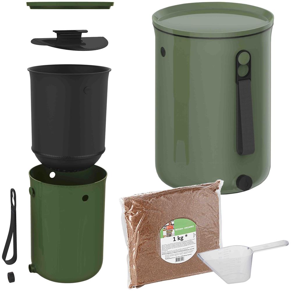 Skaza Bokashi Organko 2 | Recipiente Da Cucina Pluripremiato Composto Da Plastica Riciclata | 9.6 L | Set Iniziale Per Rifiuti Di Cucina E Compostaggio | Con Em Aspersione 1 Kg | Verde Oliva - Foto 2