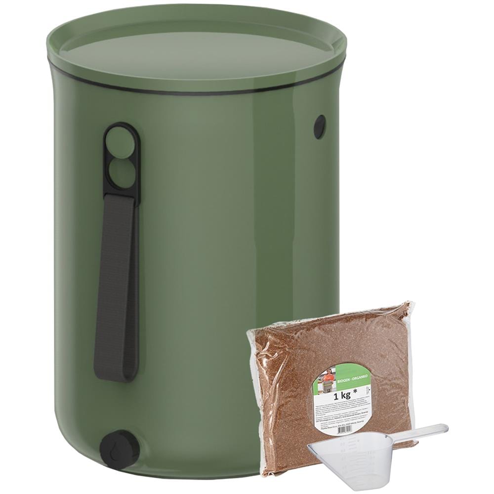 Skaza Bokashi Organko 2 | Recipiente Da Cucina Pluripremiato Composto Da Plastica Riciclata | 9.6 L | Set Iniziale Per Rifiuti Di Cucina E Compostaggio | Con Em Aspersione 1 Kg | Verde Oliva - Foto 1
