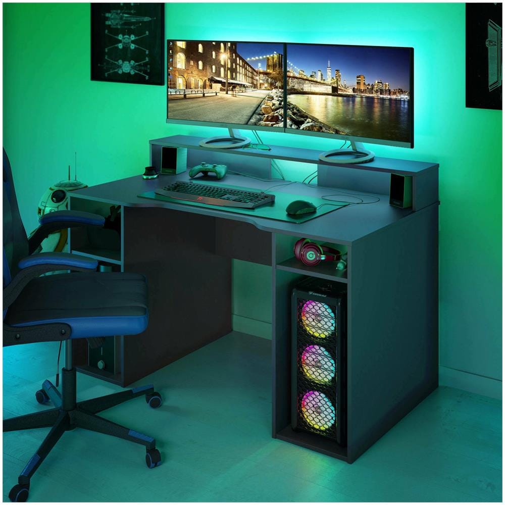 Scrivania Phoenix, Scrittoio Multifunzione Moderno Da Gaming, Tavolo Da Studio Porta Pc E Porta Cd, Tavolo Da Studio Con Ripiani, 136x67h88 Cm, Antracite - Foto 1