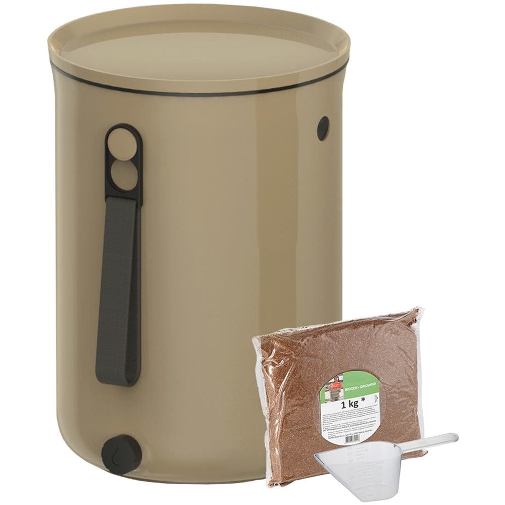 Skaza Bokashi Organko 2 | Recipiente Da Cucina Pluripremiato Composto Da Plastica Riciclata | 9.6 L | Set Iniziale Per Rifiuti Di Cucina E Compostaggio | Con Em Aspersione 1 Kg | Marrone Beige - Foto 1