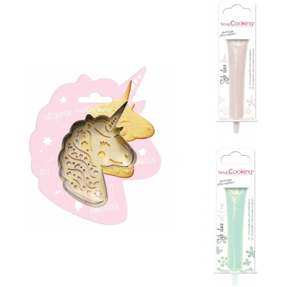 Kit Biscotti Unicorno In Rilievo + 2 Penne Al Cioccolato Bianco E Verde - Foto 1