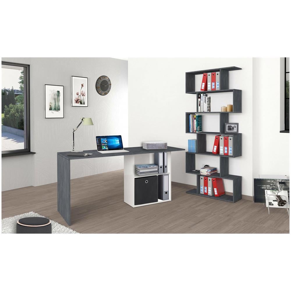 Scrivania Raimondo, Scrittoio Lineare Porta Pc, Tavolo Multiuso Per Ufficio, Scrivania Salvaspazio, 100% Made In Italy, Cm 110x50h75, Bianco Lucido E Ardesia - Foto 1