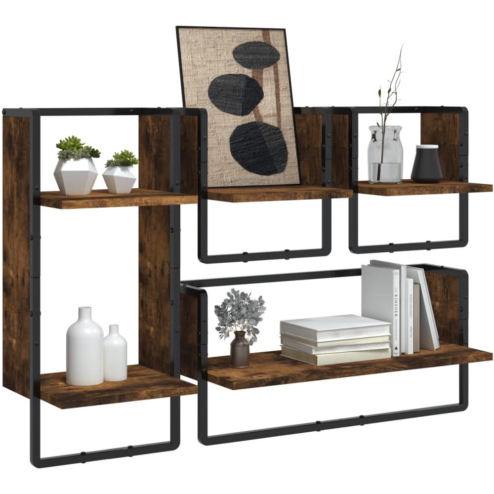 Set Mensole Parete Con Aste 4pz Rovere Fumo Legno Multistrato - Foto 3
