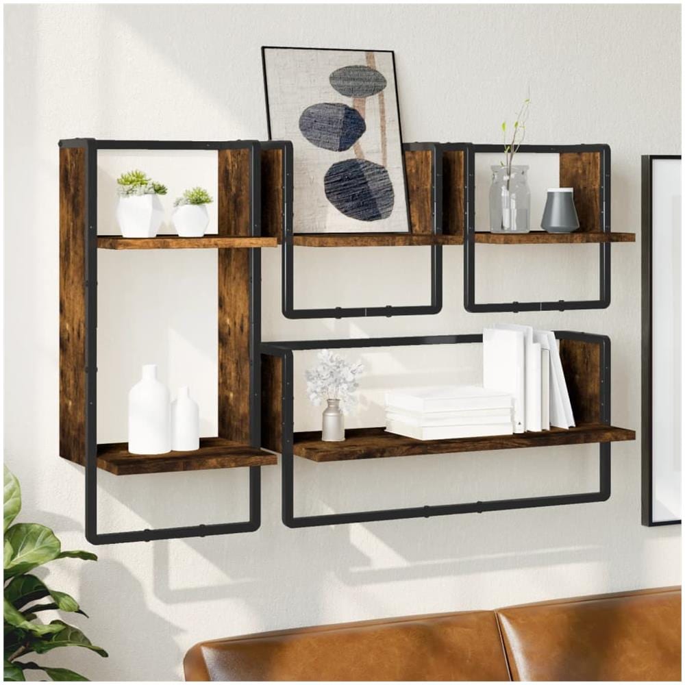Set Mensole Parete Con Aste 4pz Rovere Fumo Legno Multistrato - Foto 1