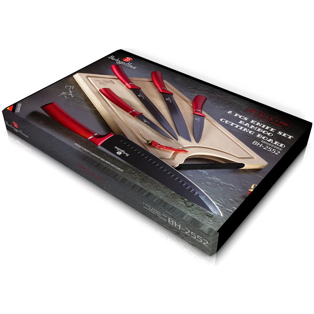 Burgundy Set Di 5 Coltelli Da Cucina Professionali Acciaio Inox Coltello Cuoco Tagliere Rosso - Foto 2