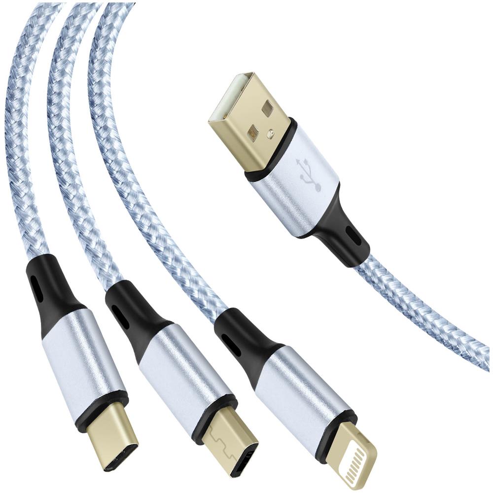 Cavo 3 In 1 Usb A Usb-c Micro-usb E Lightning Fast Charge 1.2m Nylon Intrecciato - Foto 1