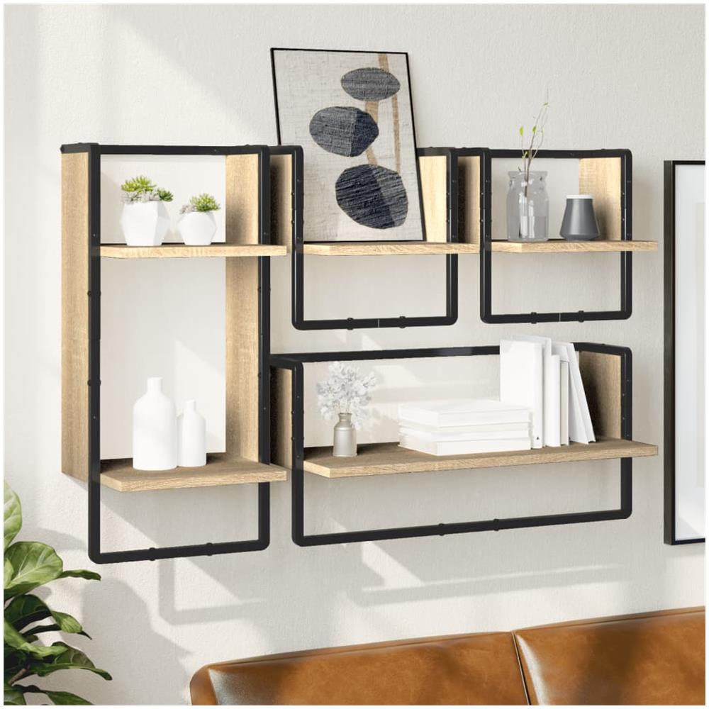 Set Mensole Parete Con Aste 4pz Rovere Sonoma Legno Multistrato - Foto 1