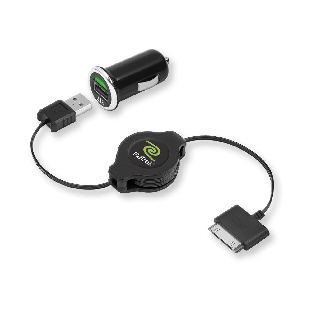 ALIMENTATORE USB da AUTO 1P EUIPADCAR + Cavo USB-Apple30pin 100cm retrattile Nero Out: 2,1A 0816983010352 - Foto 1
