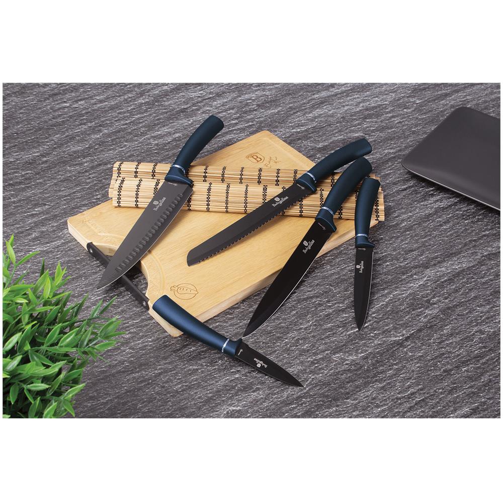 Aquamarine Set Di 5 Coltelli Da Cucina Professionali Acciaio Inox Coltello Cuoco Tagliere Blu Marino - Foto 4