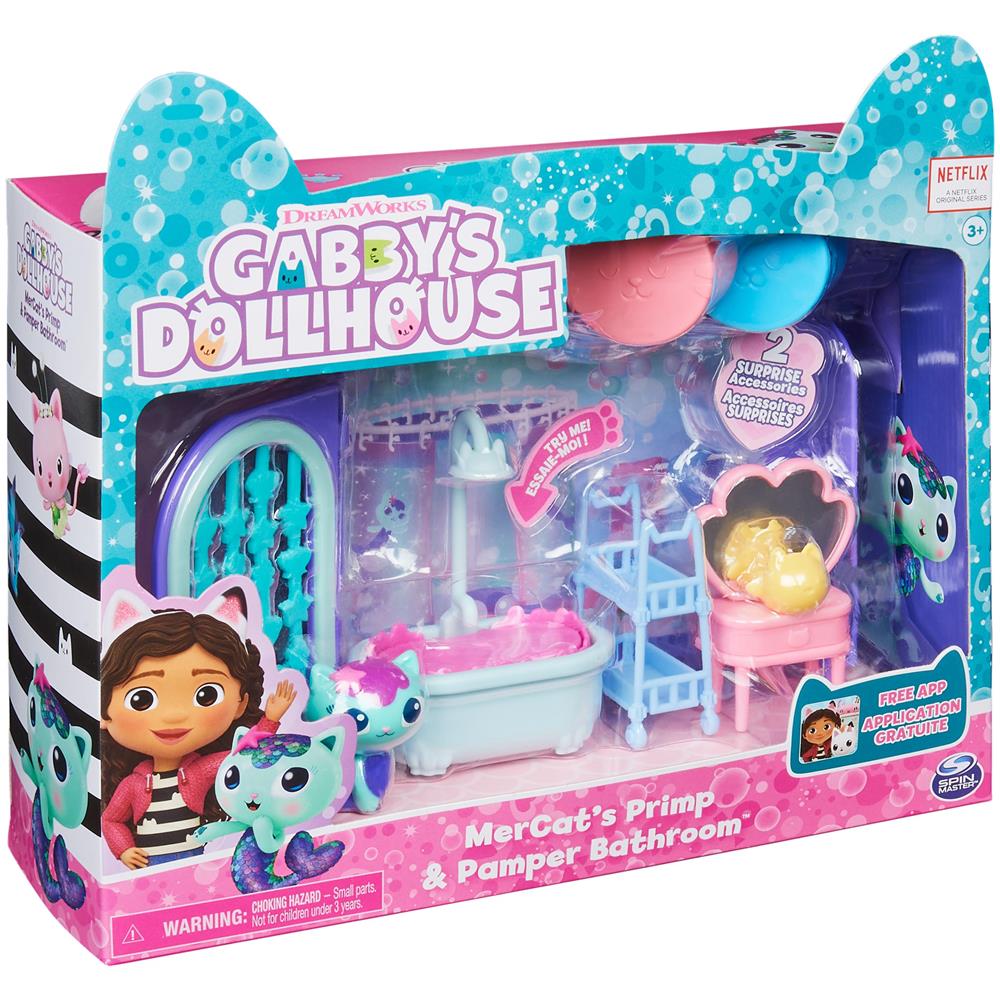 Gabby's Dollhouse Primp and Pamper Bathroom con personaggio MerCat, 3 accessori, 3 mobili e 2 scatole con sorpresa, giocattoli per bambini dai 3 anni in su - Foto 2