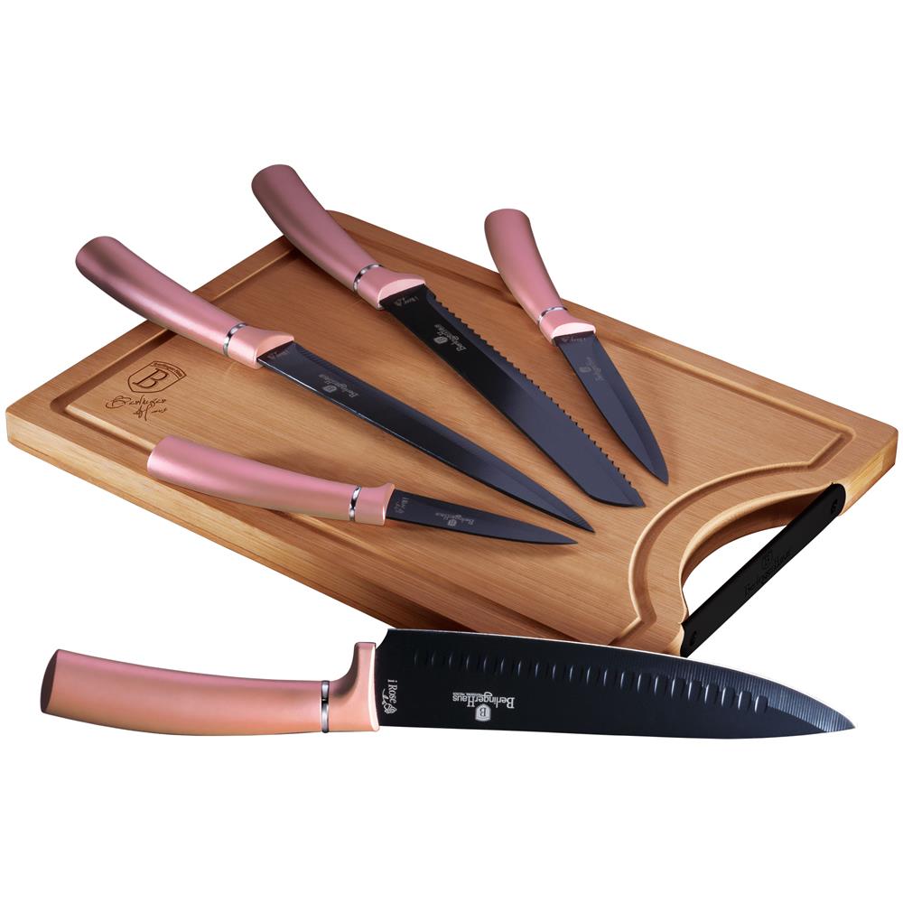 I-rose Set Di 5 Coltelli Da Cucina Professionali Acciaio Inox Coltello Cuoco Tagliere Rosa - Foto 1