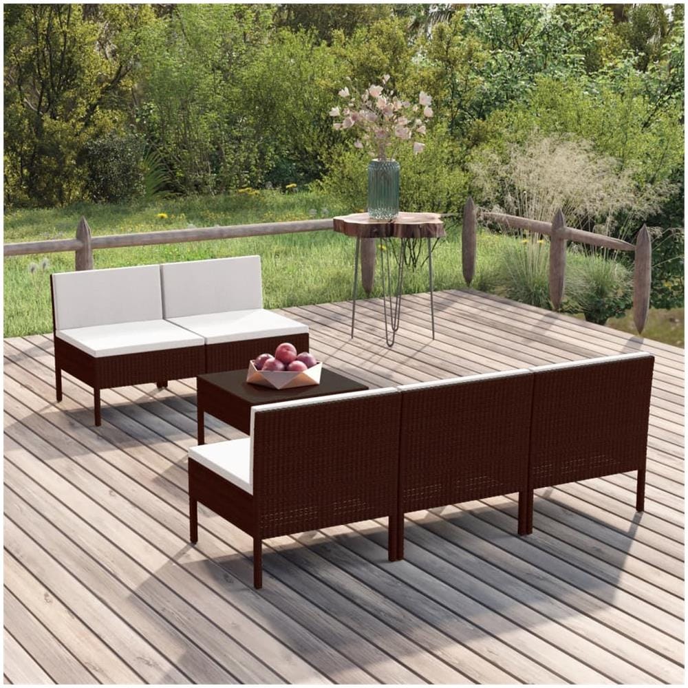 Set Divani Da Giardino 6 Pz Con Cuscini In Polyrattan Marrone - Foto 1