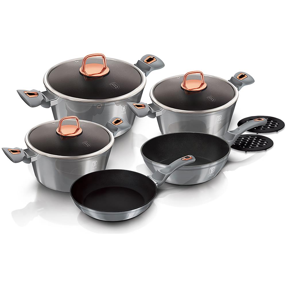 Moonlight Set Di Pentole Induzione 10-piece Alluminio Antiaderente 3 Casseruoli 2 Padelle Grigio - Foto 2