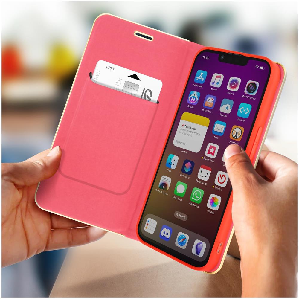Custodia Per Iphone 14 Portacarte E Supporto Video Rossa E Oro - Foto 5