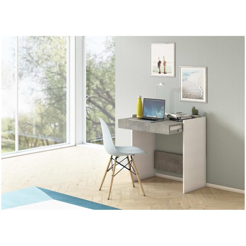 Scrivania Clematide, Scrittoio Moderno Con Cassetto, Tavolo Da Studio O Ufficio Porta Pc Portalibri, 100% Made In Italy, 80x40h79 Cm, Bianco E Cemento - Foto 1