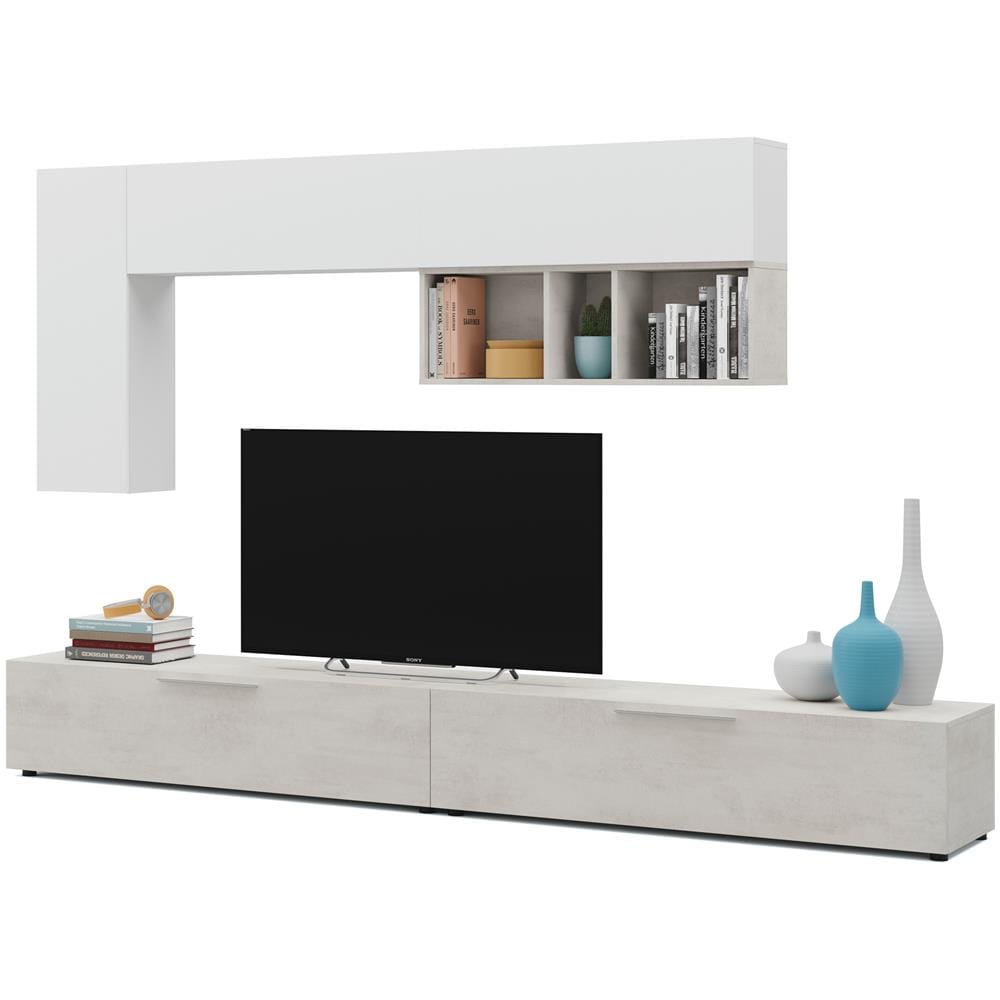 Mobile Da Soggiorno Porta Tv, Con Due Ante, Modulo Pensile E Mensola, Color Cemento E Bianco Lucido, Misure 260 X 32 X 42 Cm - Foto 2