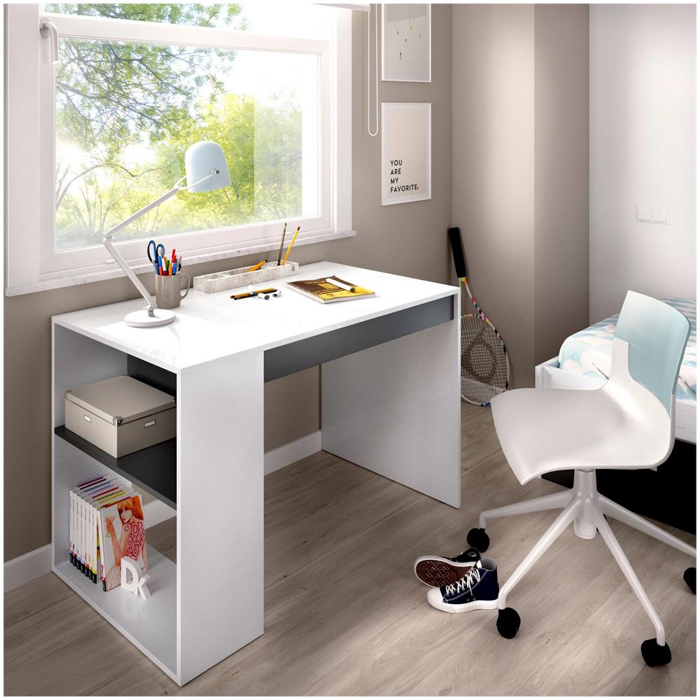 Scrivania Grigna, Scrittoio Multiuso Da Ufficio O Cameretta, Tavolo Da Studio Lineare Con Scaffali, 115x50h74 Cm, Bianco E Antracite - Foto 1