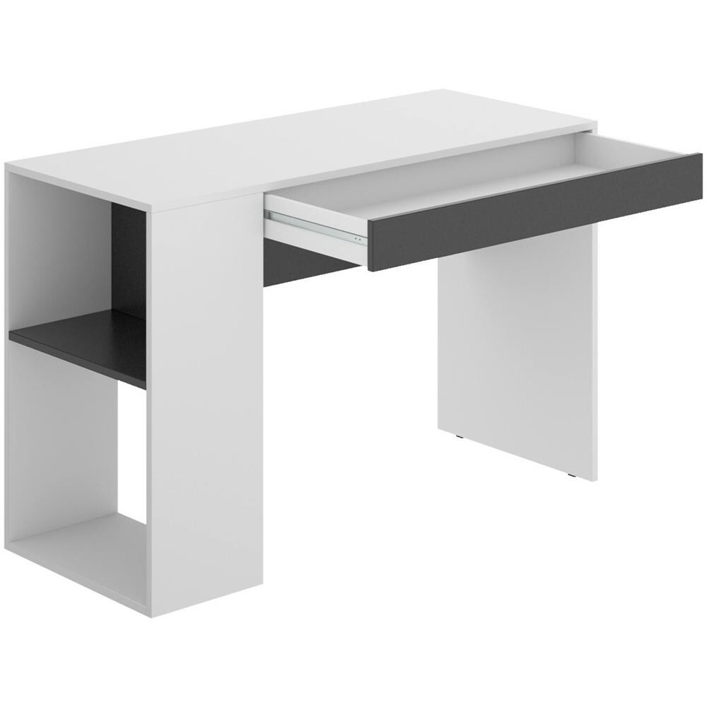 Scrivania Grigna, Scrittoio Multiuso Da Ufficio O Cameretta, Tavolo Da Studio Lineare Con Scaffali, 115x50h74 Cm, Bianco E Antracite - Foto 4