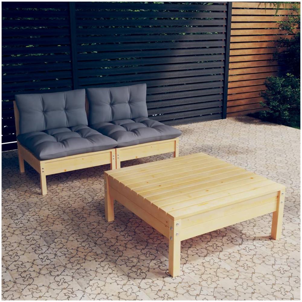 Set Divani Da Giardino 3 Pz Con Cuscini Grigi Massello Di Pino - Foto 1