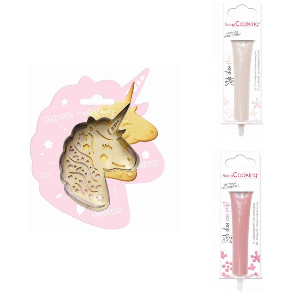 Kit Biscotti Unicorn Relief + 2 Penne Al Cioccolato Pastello Bianche E Rosa - Foto 1