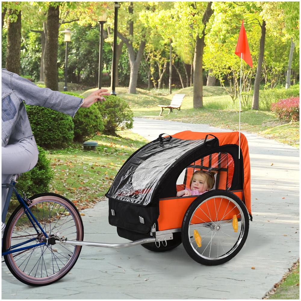 Rimorchio Bici Bambini 2 Posti Con Cinture Di Sicurezza E Copertura Arancione - Foto 2