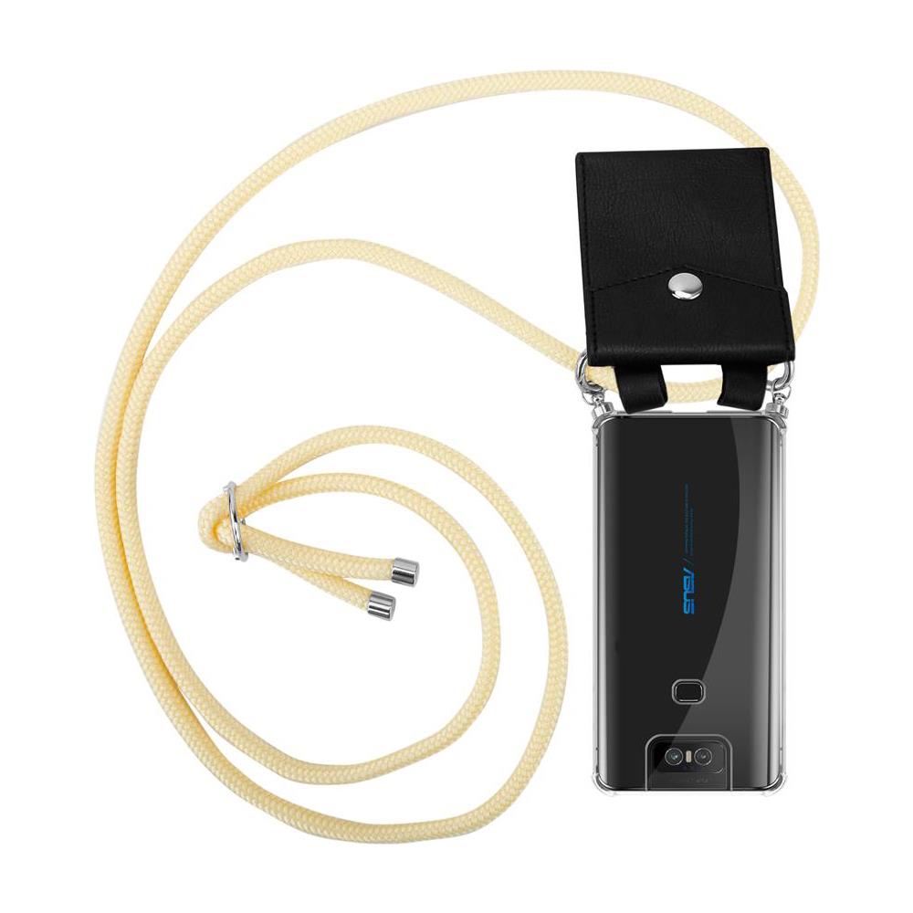 Catena Di Telefoni Cellulari Compatibile Con Asus Zenfone 6 In Crema Beige - Coperchio Protettivo In Silicone Con Anelli D'argento, Cinturino In Corda E Custodia Staccabile - Foto 1