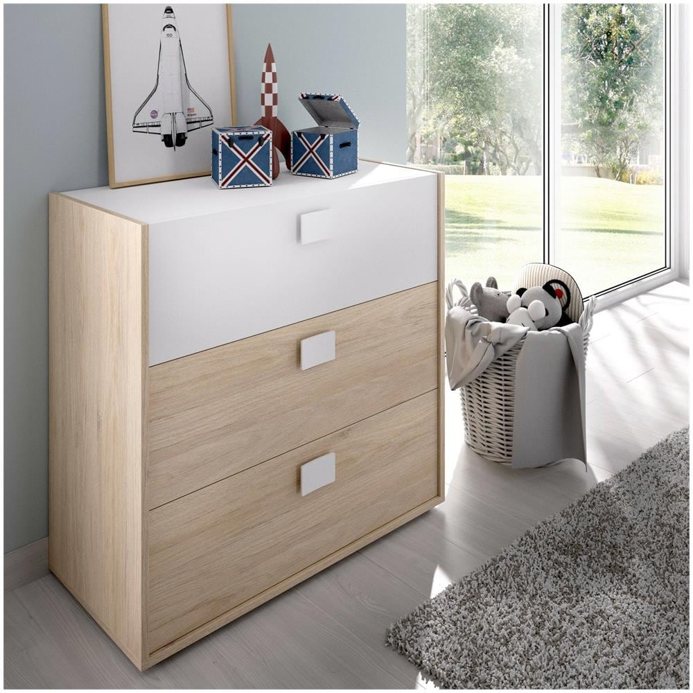 Cassettiera Sella, Settimanale Per Camera Da Letto, Comò Con 3 Cassetti, 80x43h81 Cm, Rovere E Bianco - Foto 1