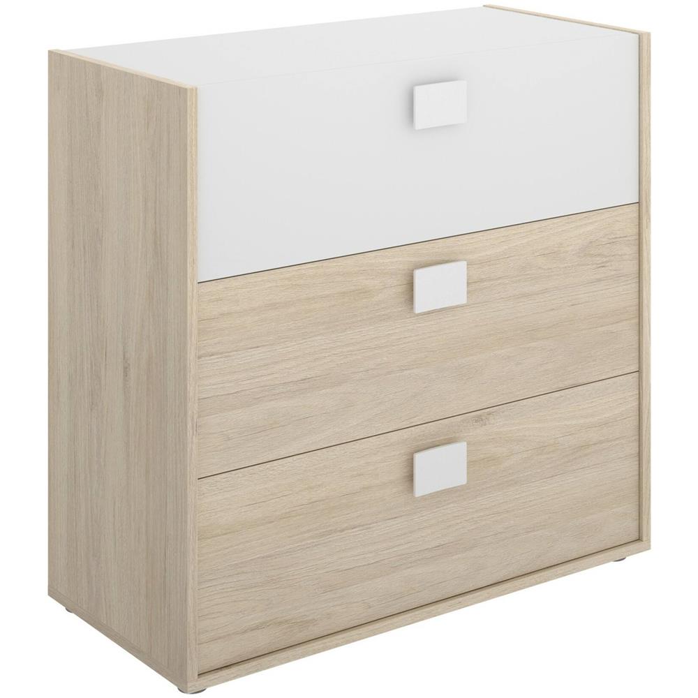 Cassettiera Sella, Settimanale Per Camera Da Letto, Comò Con 3 Cassetti, 80x43h81 Cm, Rovere E Bianco - Foto 2