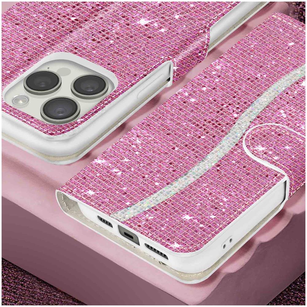 Custodia Per Iphone 14 Pro Paillette Disco Portafoglio Supporto Video Rosa - Foto 2